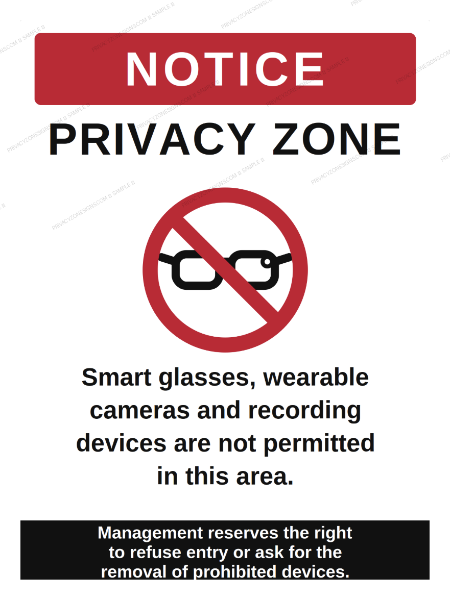 Privacy Zone indoor sign — no smart glasses or recording devices